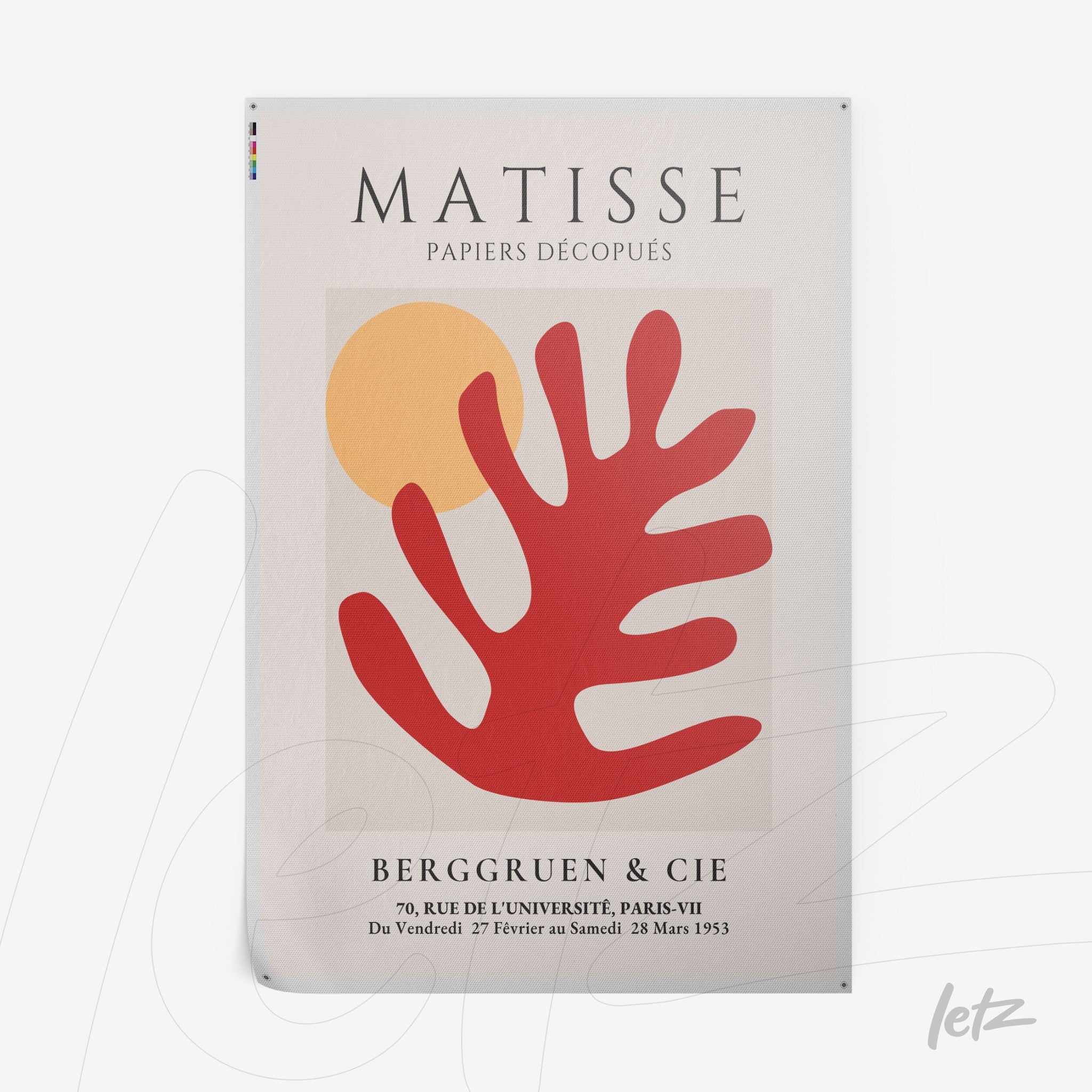 modern art print inspired by Matisse featuring a stylized red leaf and a yellow sun on a light background