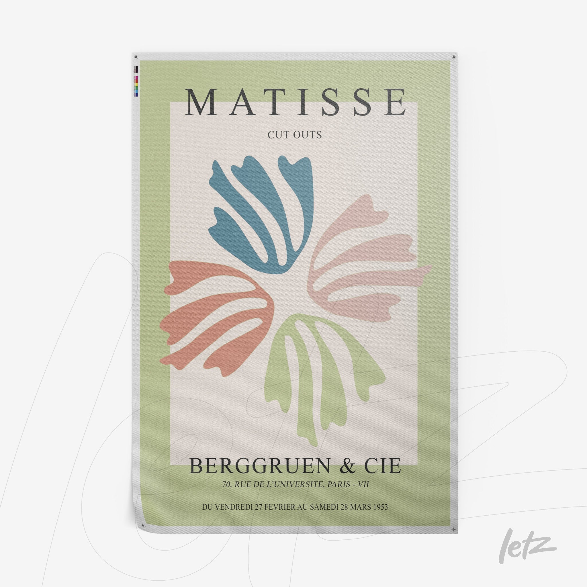 framed wall art featuring abstract shapes inspired by Matisse in light green with white frame