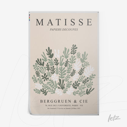 art print featuring botanical design in shades of green and cream with a white frame and light background