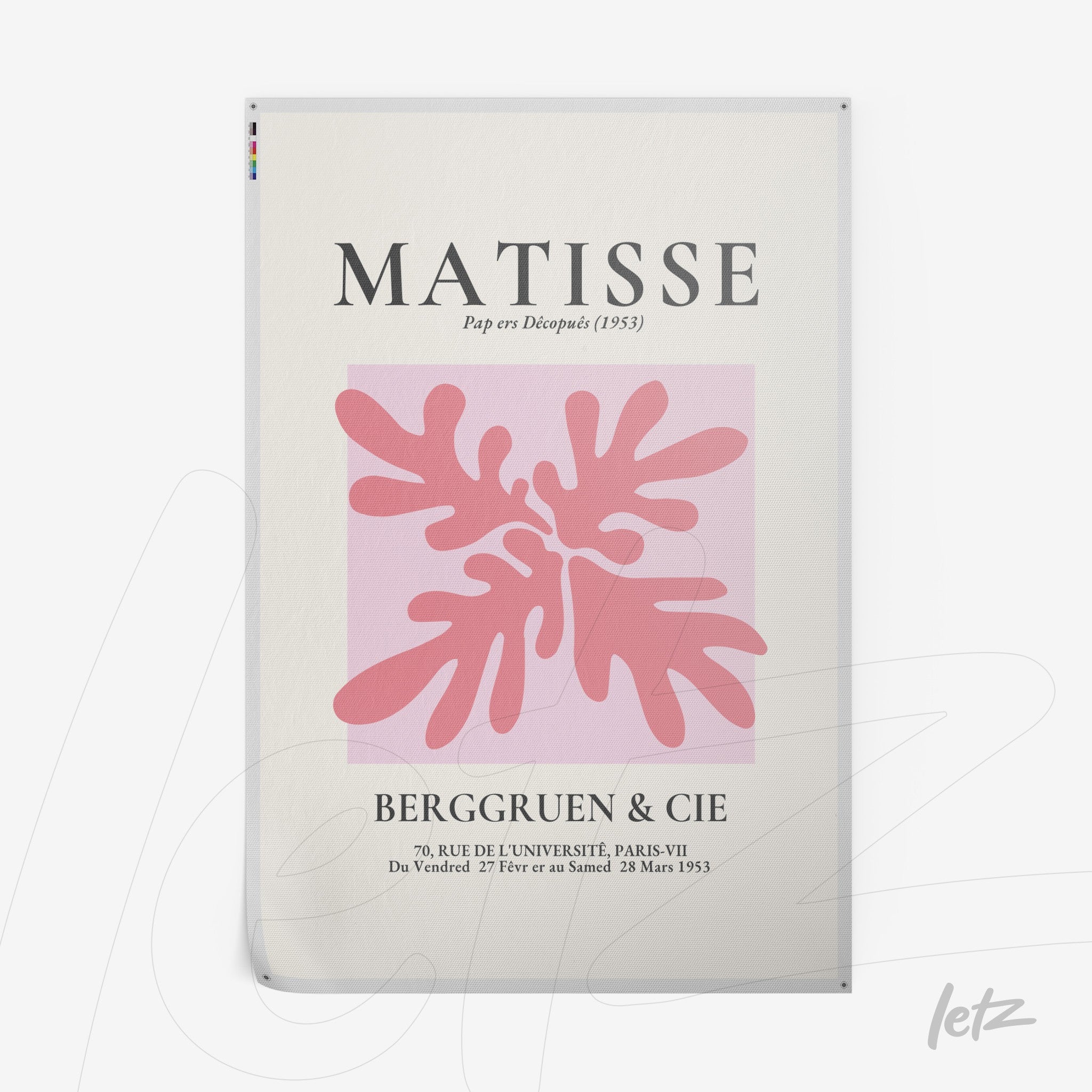 framed wall art featuring modern watercolor style with organic shapes in pink tones on pastel background, showcasing the name 'Matisse' in classic font