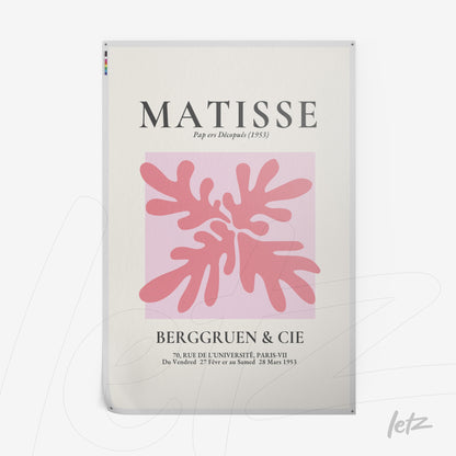 framed wall art featuring modern watercolor style with organic shapes in pink tones on pastel background, showcasing the name 'Matisse' in classic font
