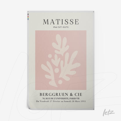 decorative artwork featuring Matisse style in soft pink background, showcasing organic shapes with subtle textures and classic typography