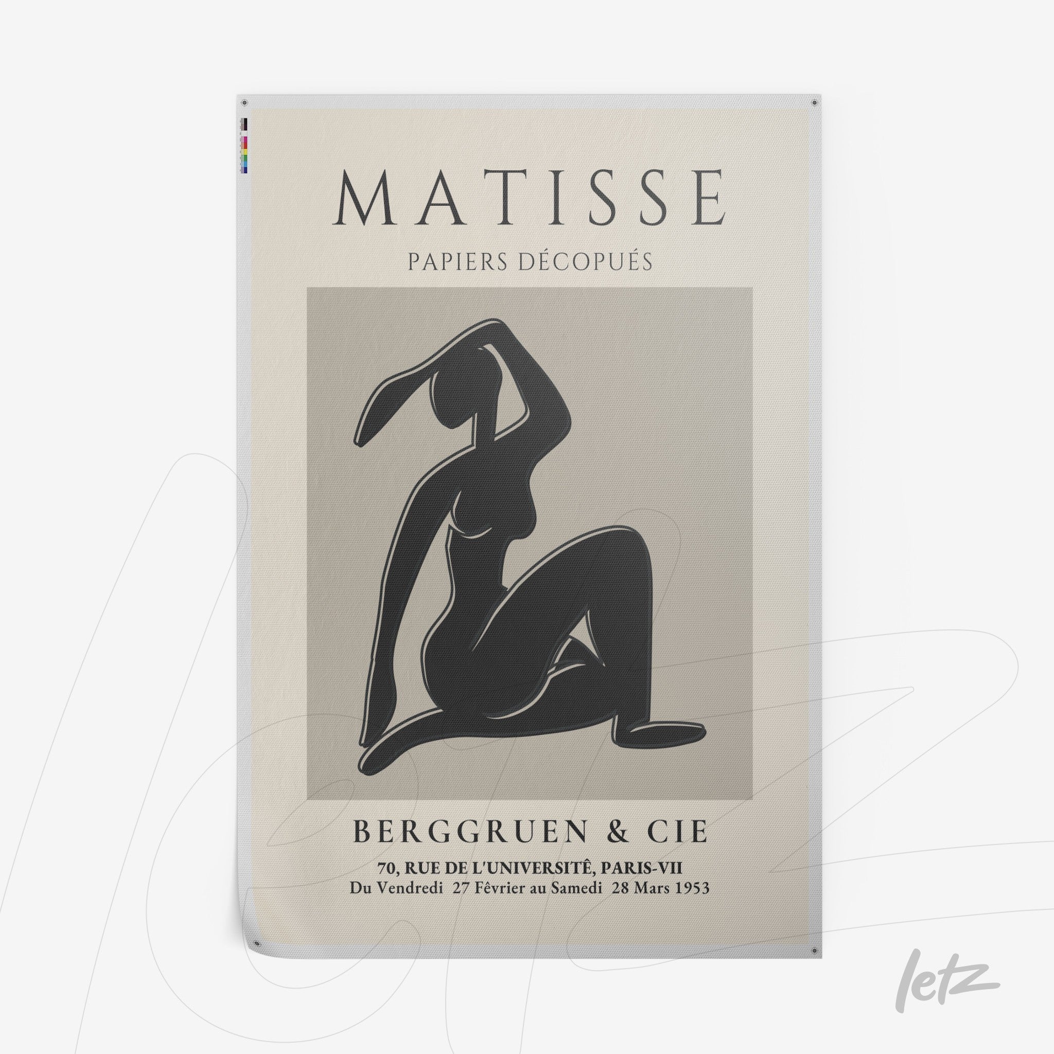 vintage style framed art featuring a female silhouette on a light background with French text about an art exhibition