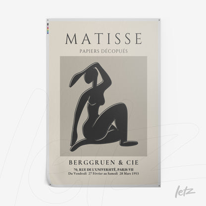 vintage style framed art featuring a female silhouette on a light background with French text about an art exhibition