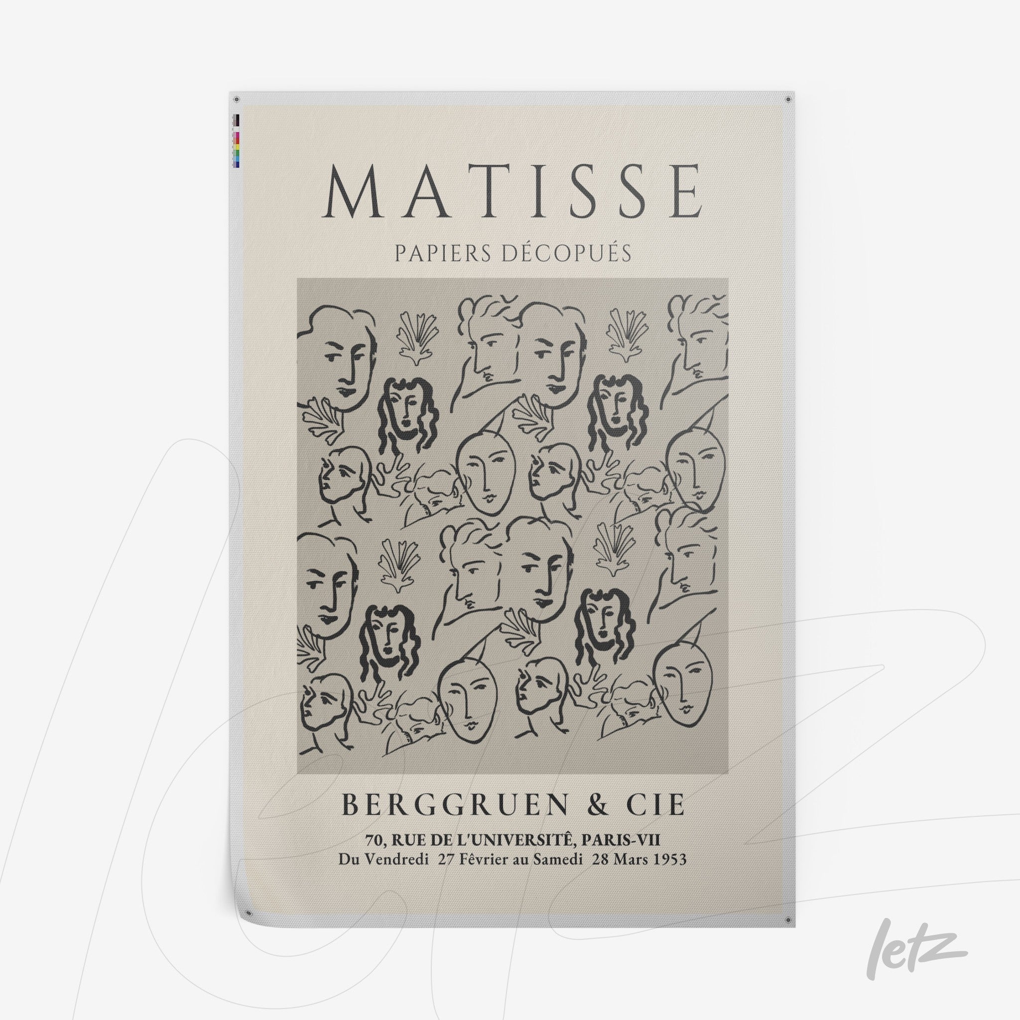 poster featuring collage-style art of stylized faces on a light background with leaf details and classic typography