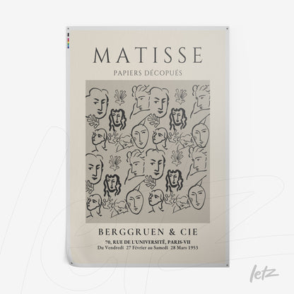 poster featuring collage-style art of stylized faces on a light background with leaf details and classic typography