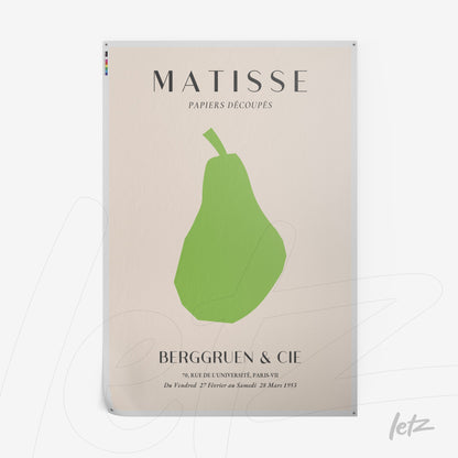 vintage style wall art featuring a green pear illustration on a light background with text about Matisse at the top