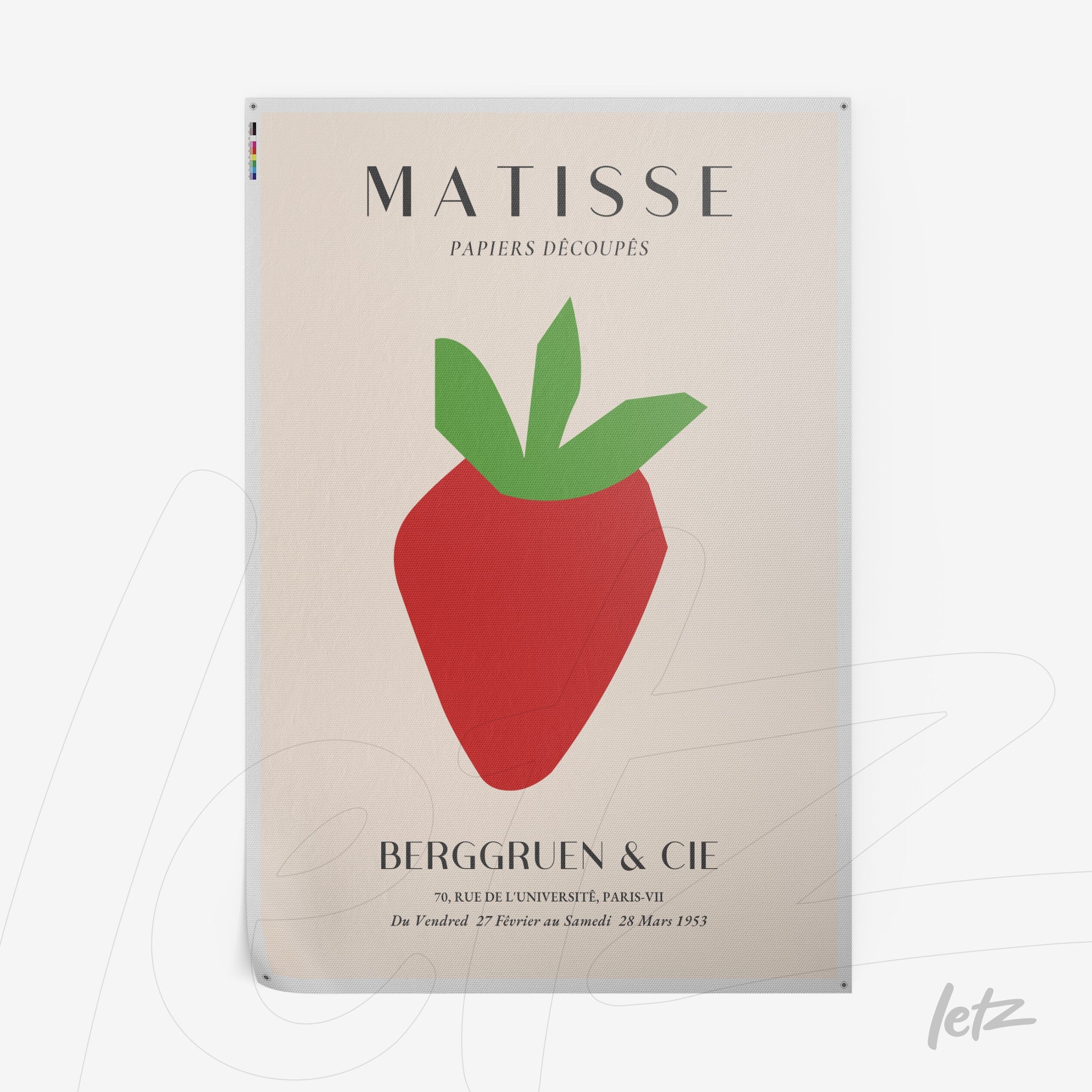 modern artwork featuring a stylized strawberry in vibrant colors with a light background and minimalist typography