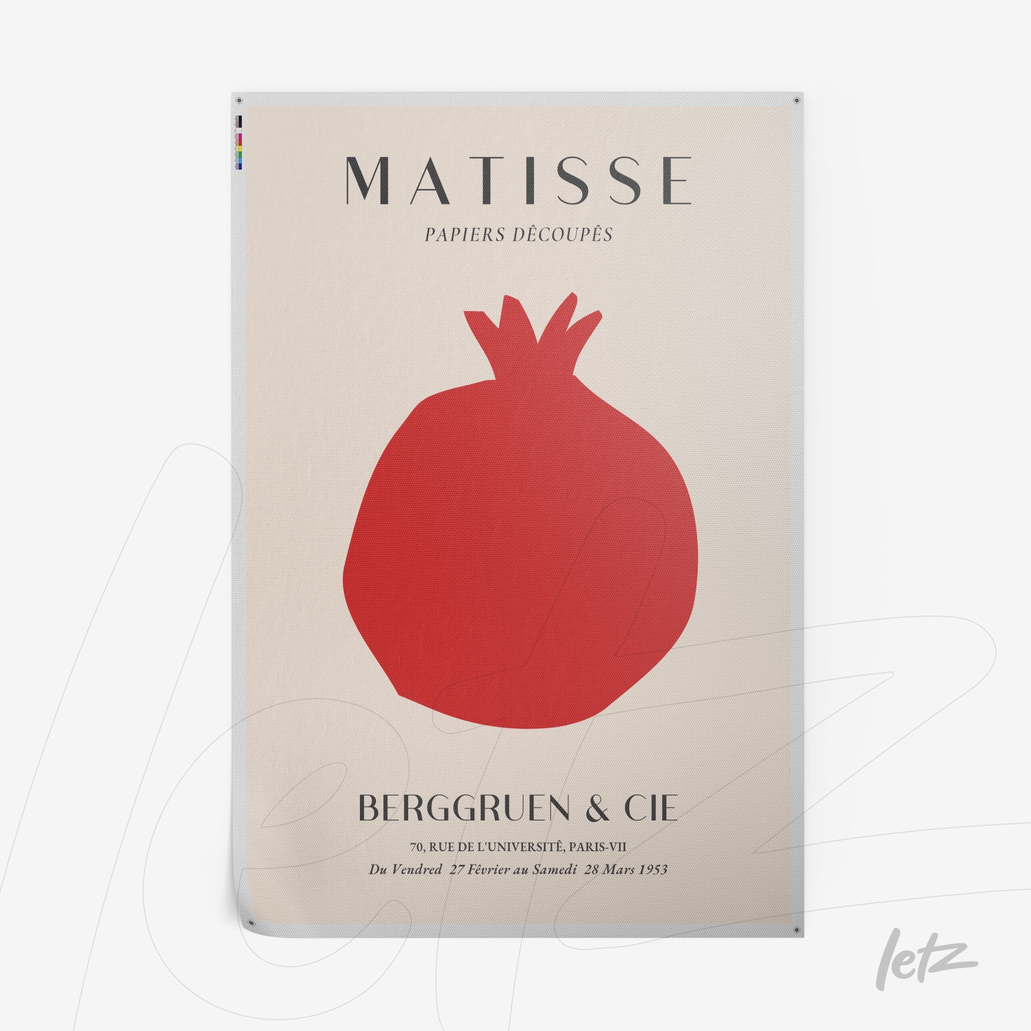 poster print featuring minimalist art of a red pomegranate on light background with Matisse name prominently displayed