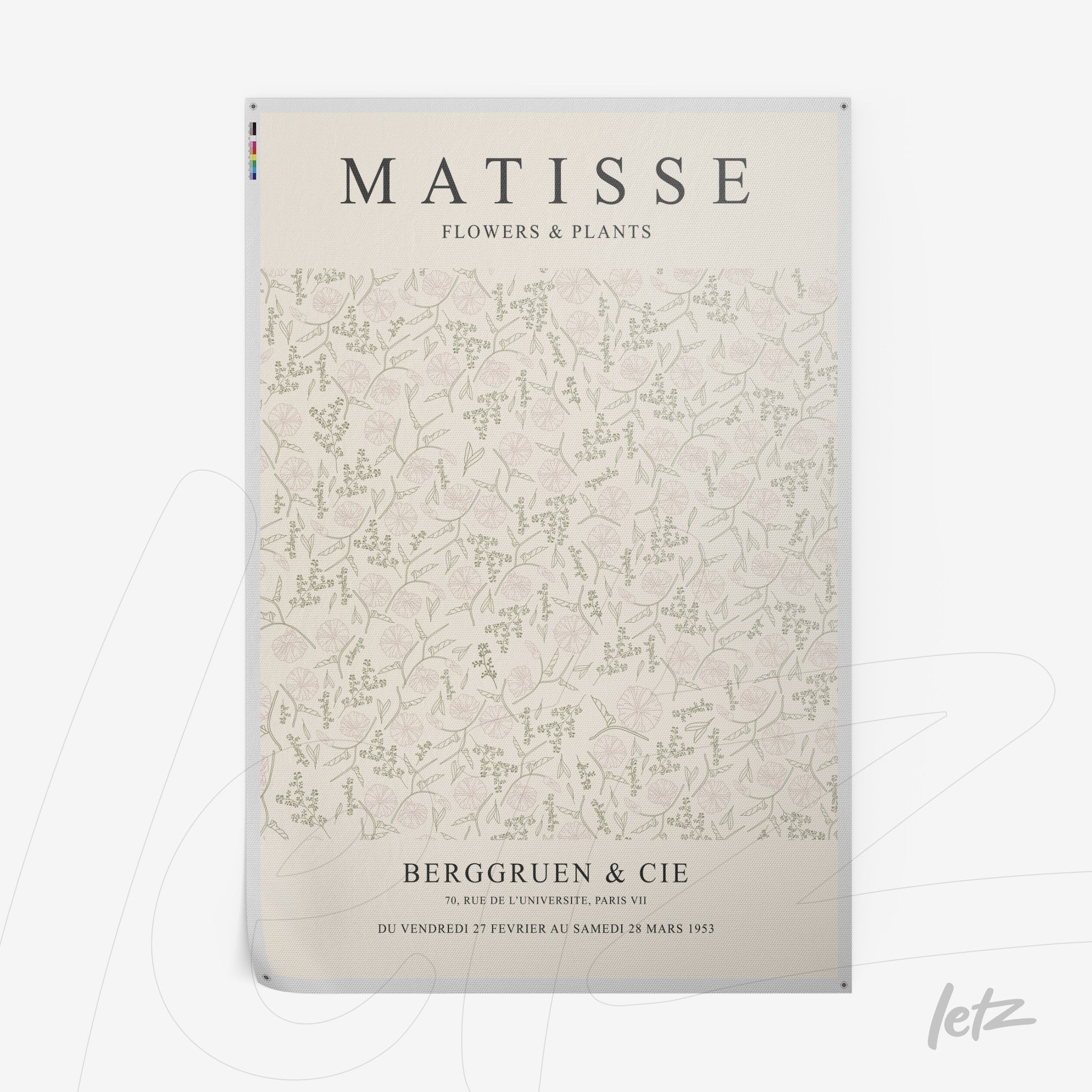 poster featuring floral art by Matisse, light background with delicate patterns of leaves and flowers