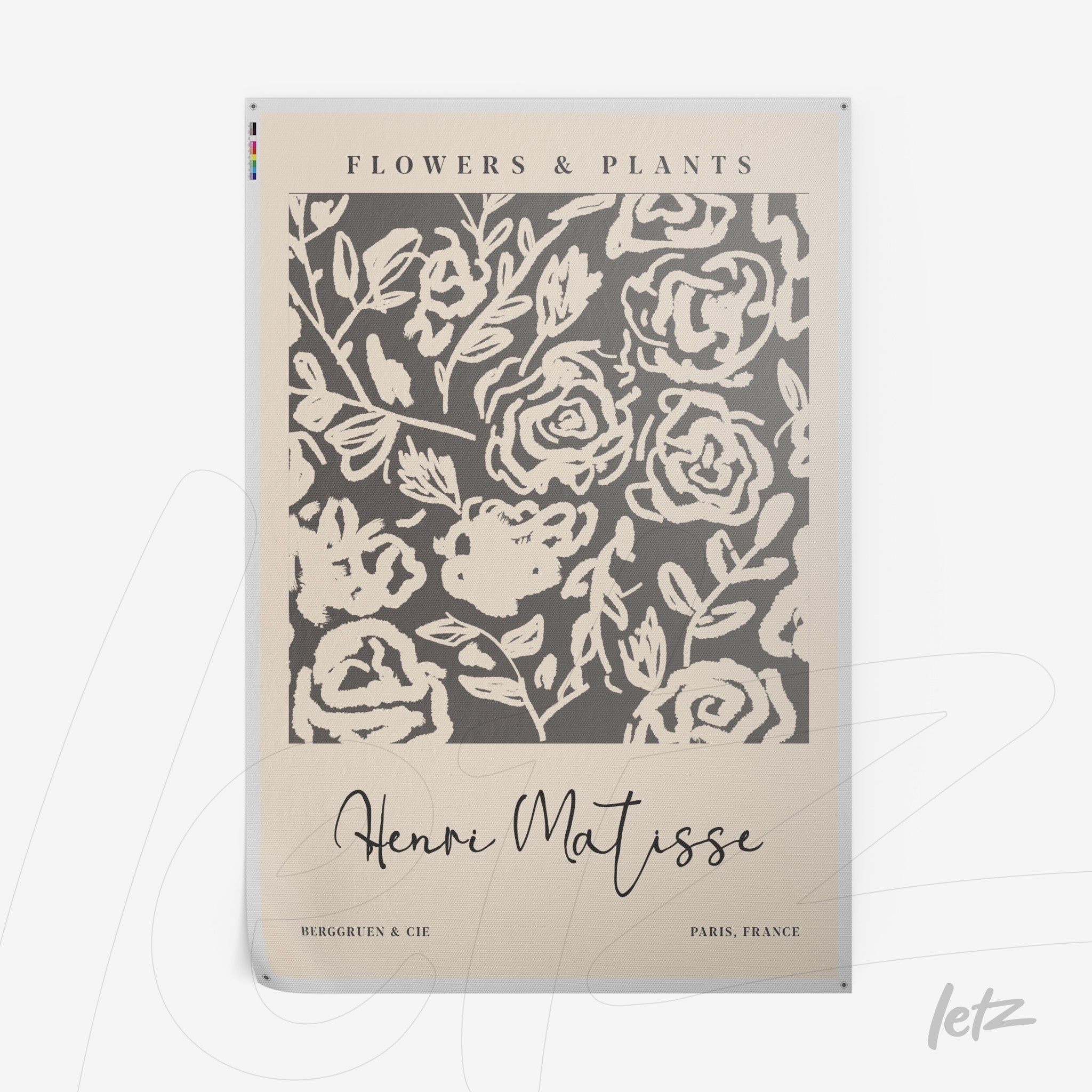 framed wall art featuring vintage floral design in beige background with black details and Henri Matisse's signature