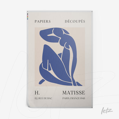 abstract art print of a female figure in blue tones with a light background and vintage text