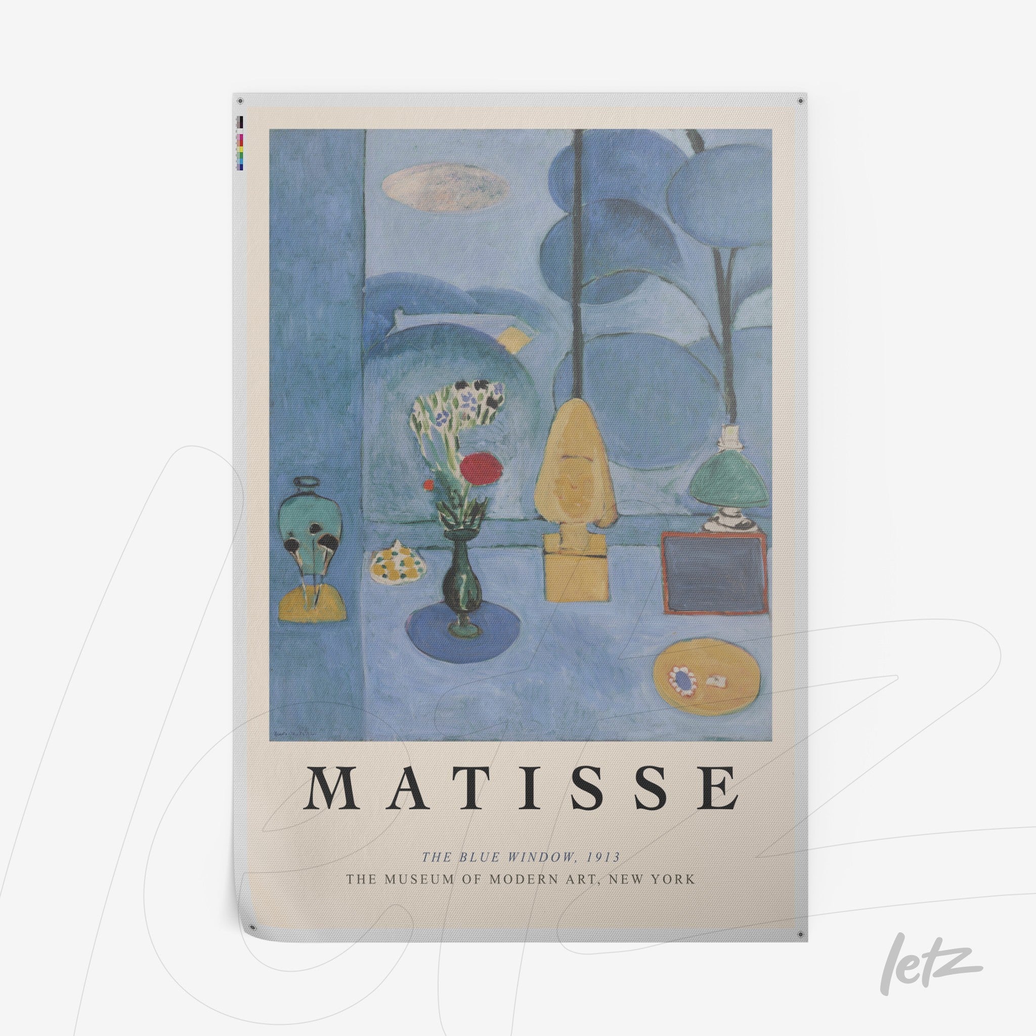 artwork featuring matisse's blue window and decorative objects in vibrant tones