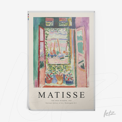 framed artwork of an open window overlooking a colorful garden, white frame