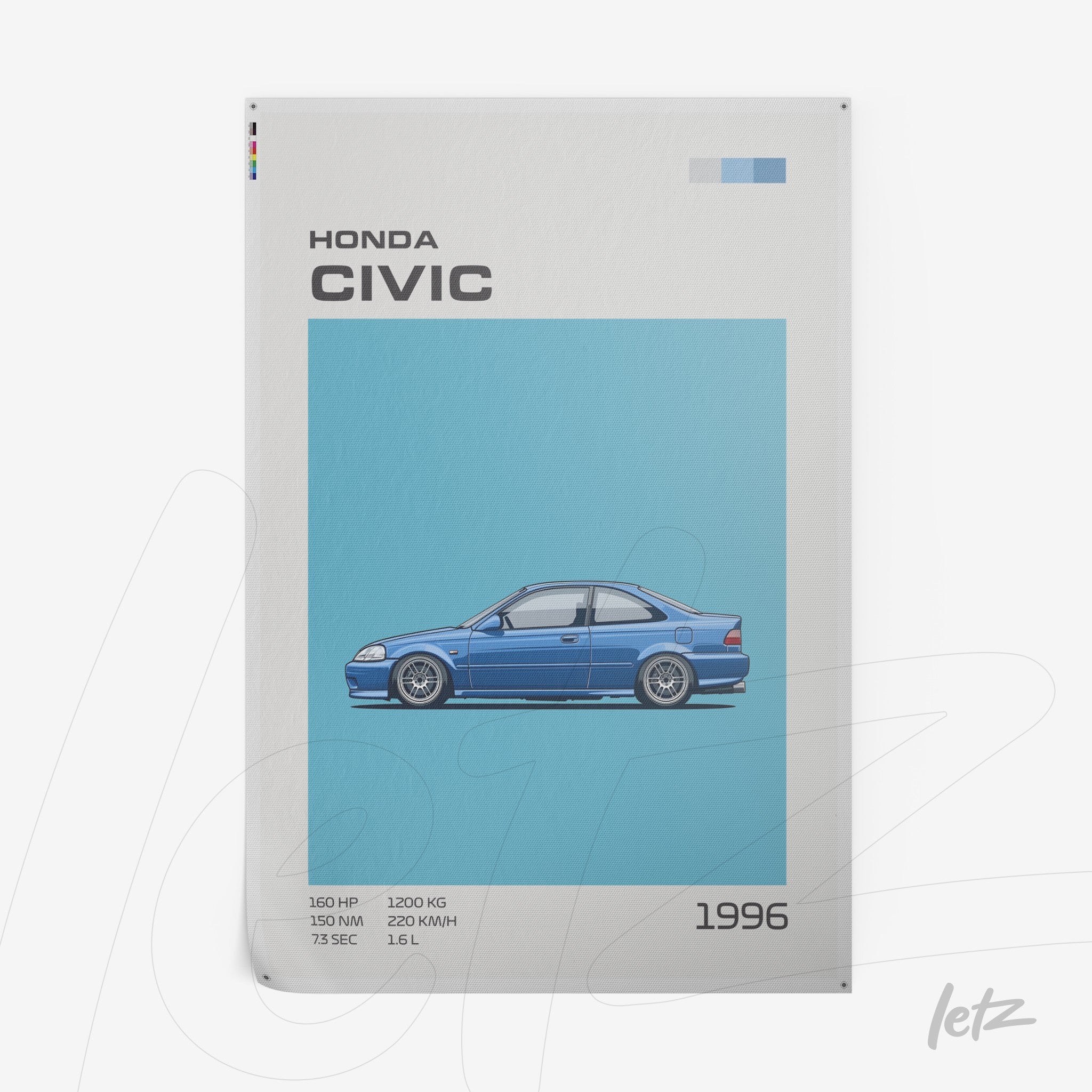 poster print featuring an illustration of a 1996 Honda Civic on a light blue background