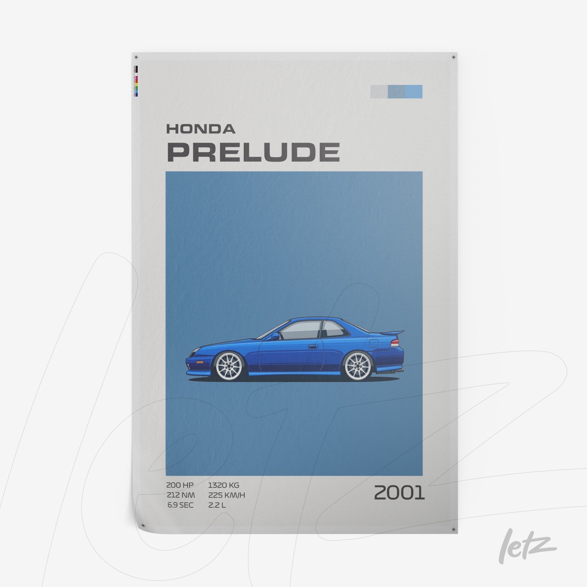 stylized illustration of a 2001 Honda Prelude car on a blue background