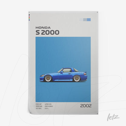 framed wall art featuring an illustration of the Honda S2000 sports car on a vibrant blue background
