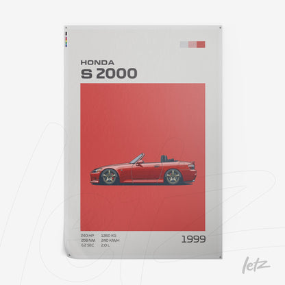 decorative wall art featuring illustration of red Honda S2000 car on vibrant red background