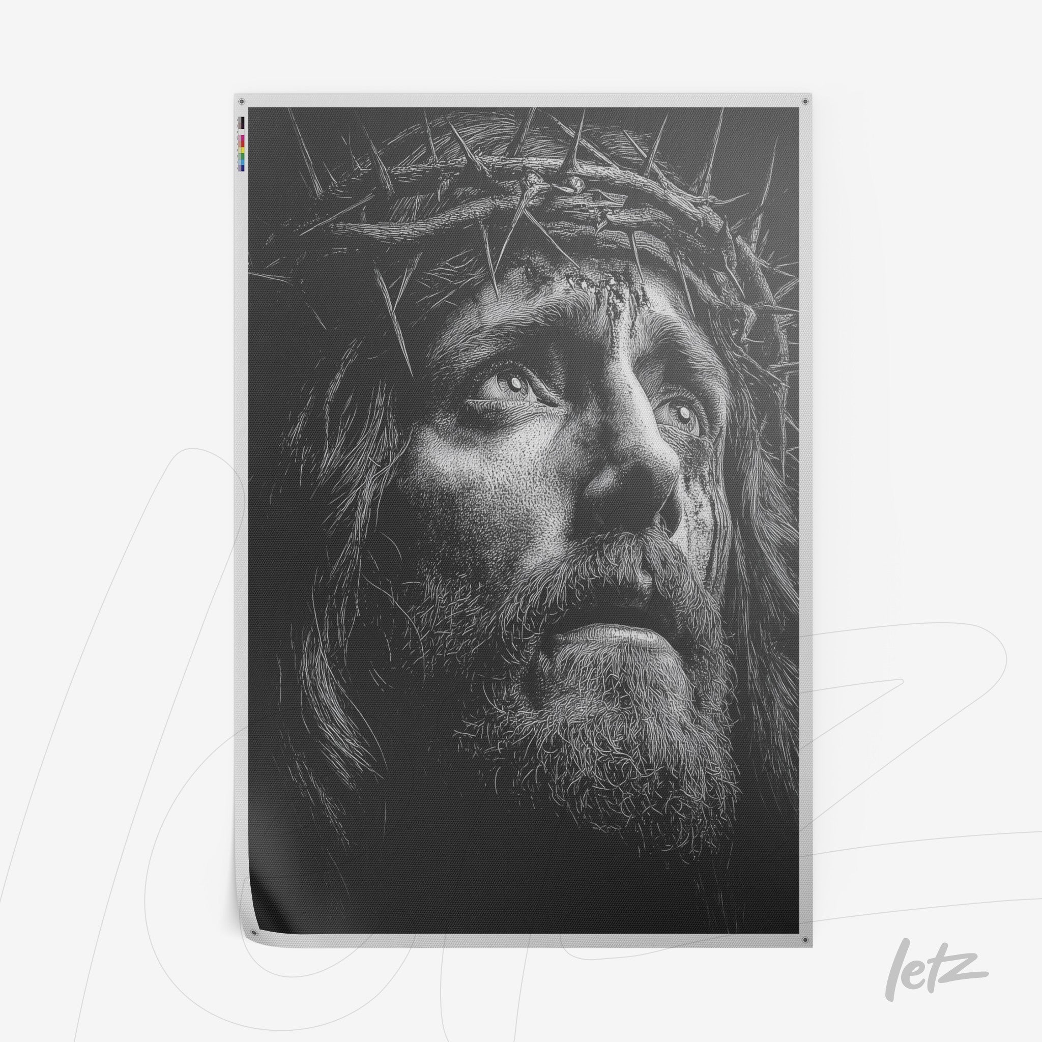 black and white wall art featuring a close-up portrait of Jesus Christ with an intense expression and thorn crown