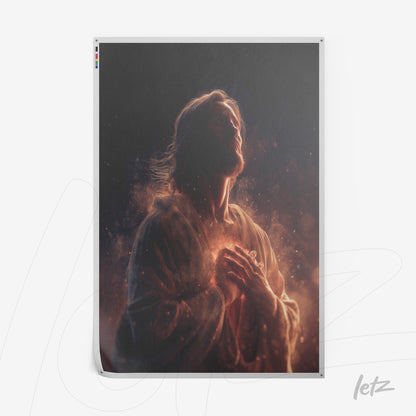 religious artwork featuring a male figure holding bright light against a dark background