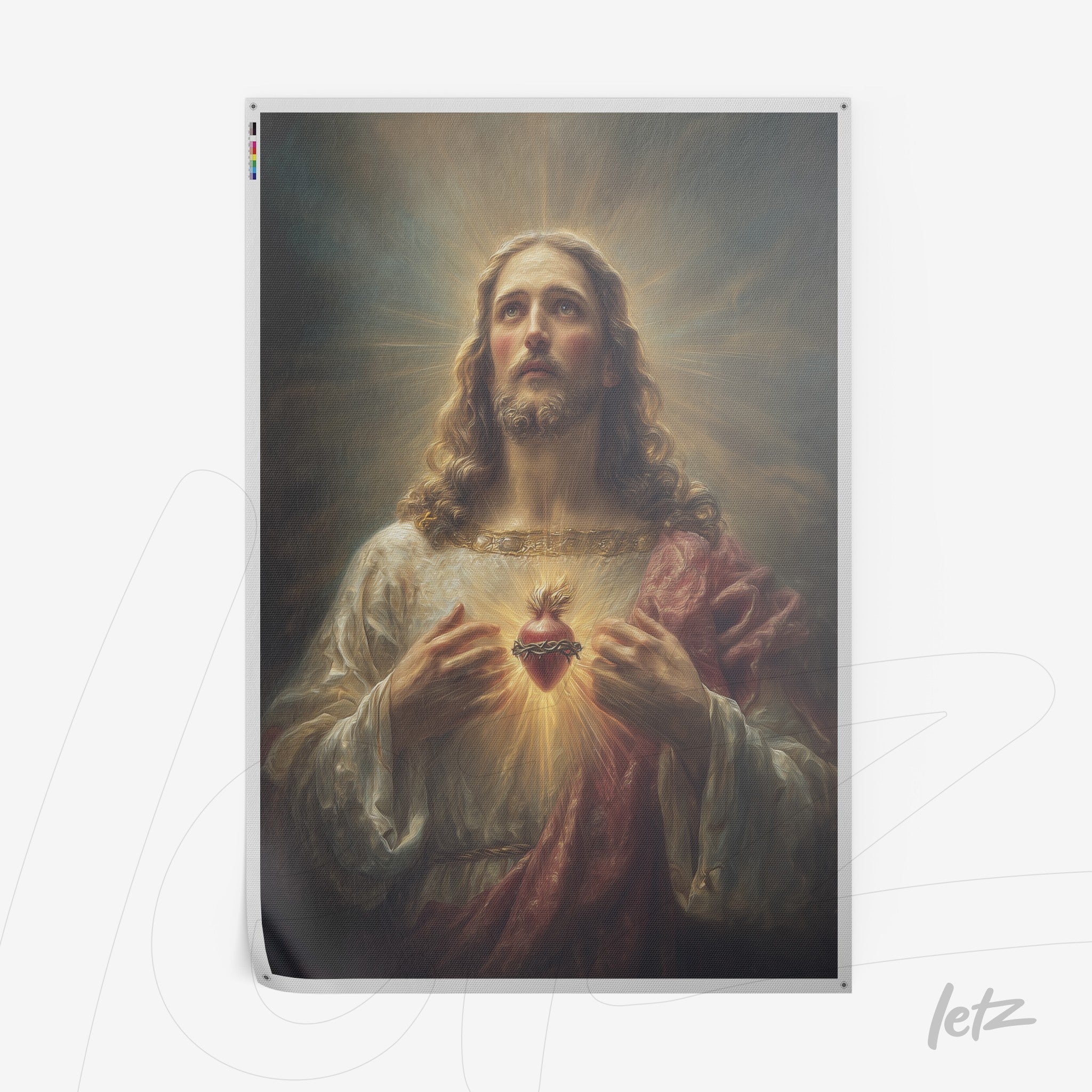 framed religious artwork depicting Jesus Christ with illuminated background and sacred heart
