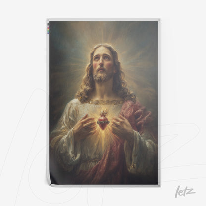 framed religious artwork depicting Jesus Christ with illuminated background and sacred heart