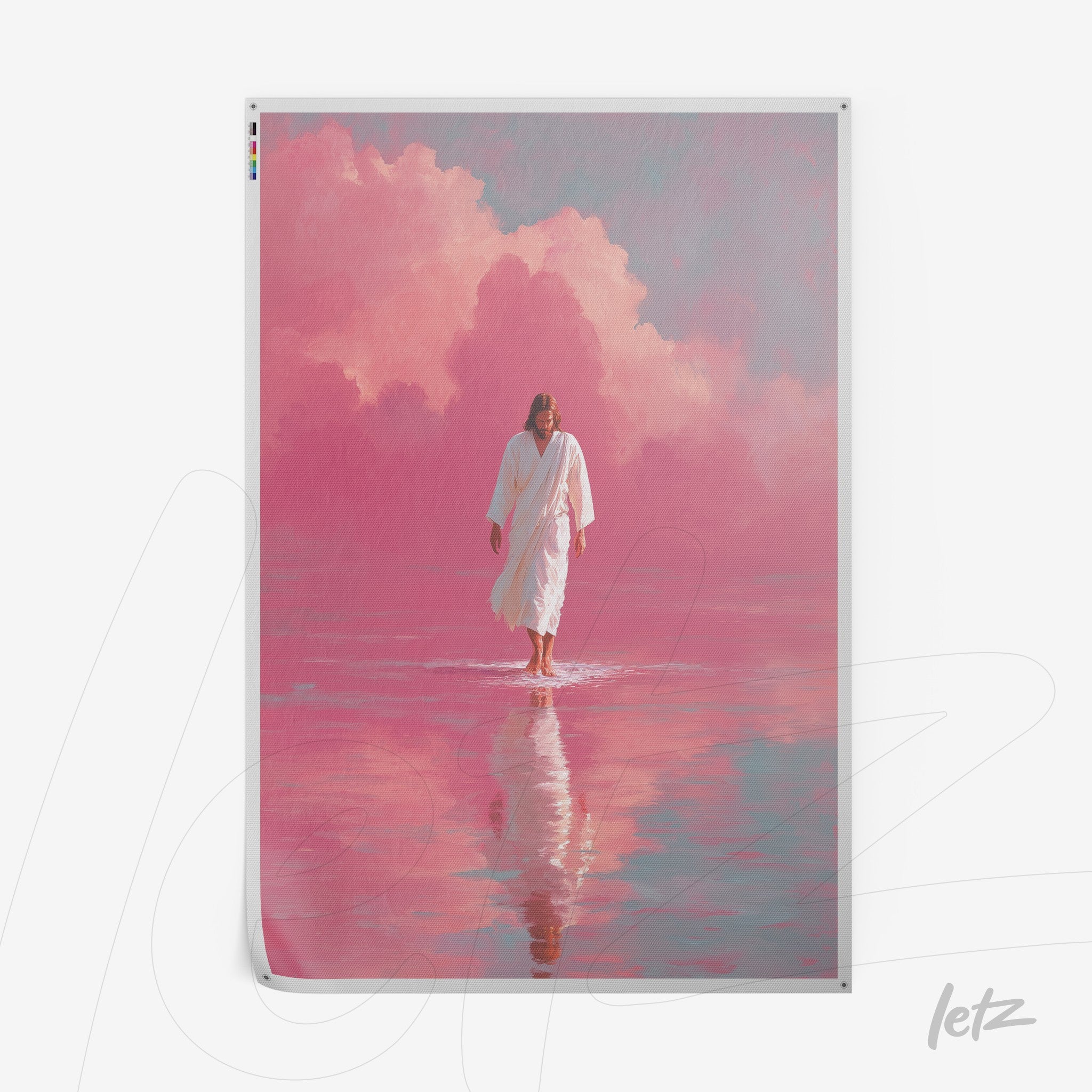 digital artwork of a figure in a white robe walking on water reflecting pink clouds