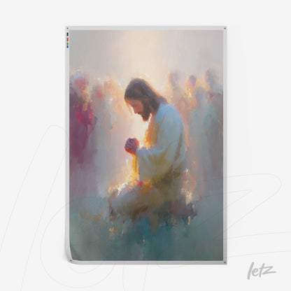 digital artwork depicting a figure of Jesus in prayer with soft light in the background