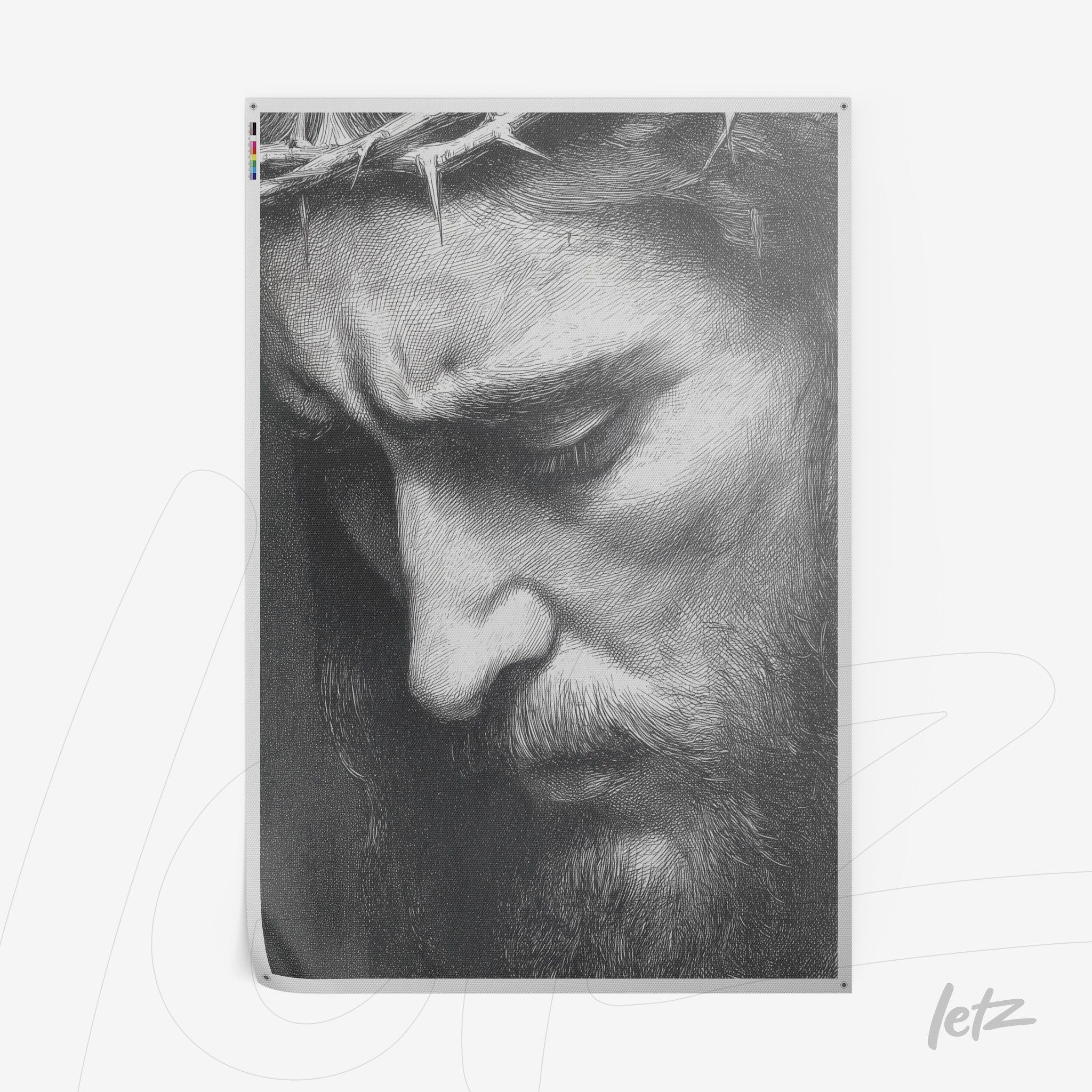 black and white wall art featuring a detailed portrait of a contemplative male figure with a crown of thorns