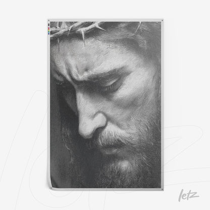black and white wall art featuring a detailed portrait of a contemplative male figure with a crown of thorns