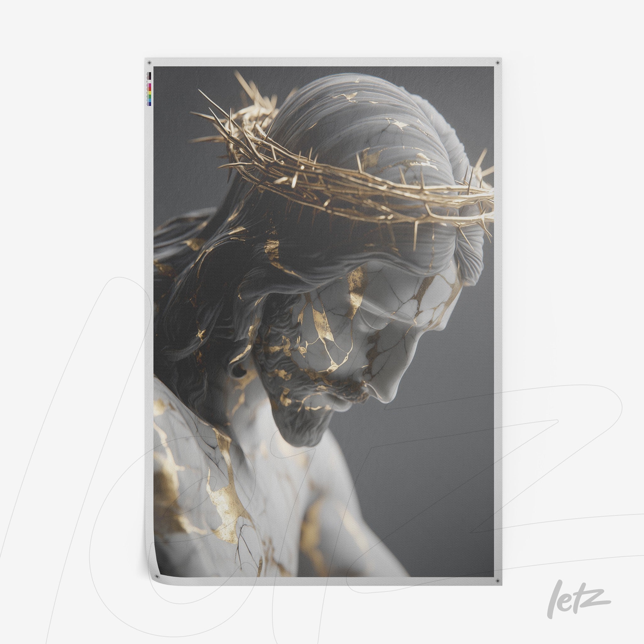 framed digital art of a Christ sculpture with golden details on gray background