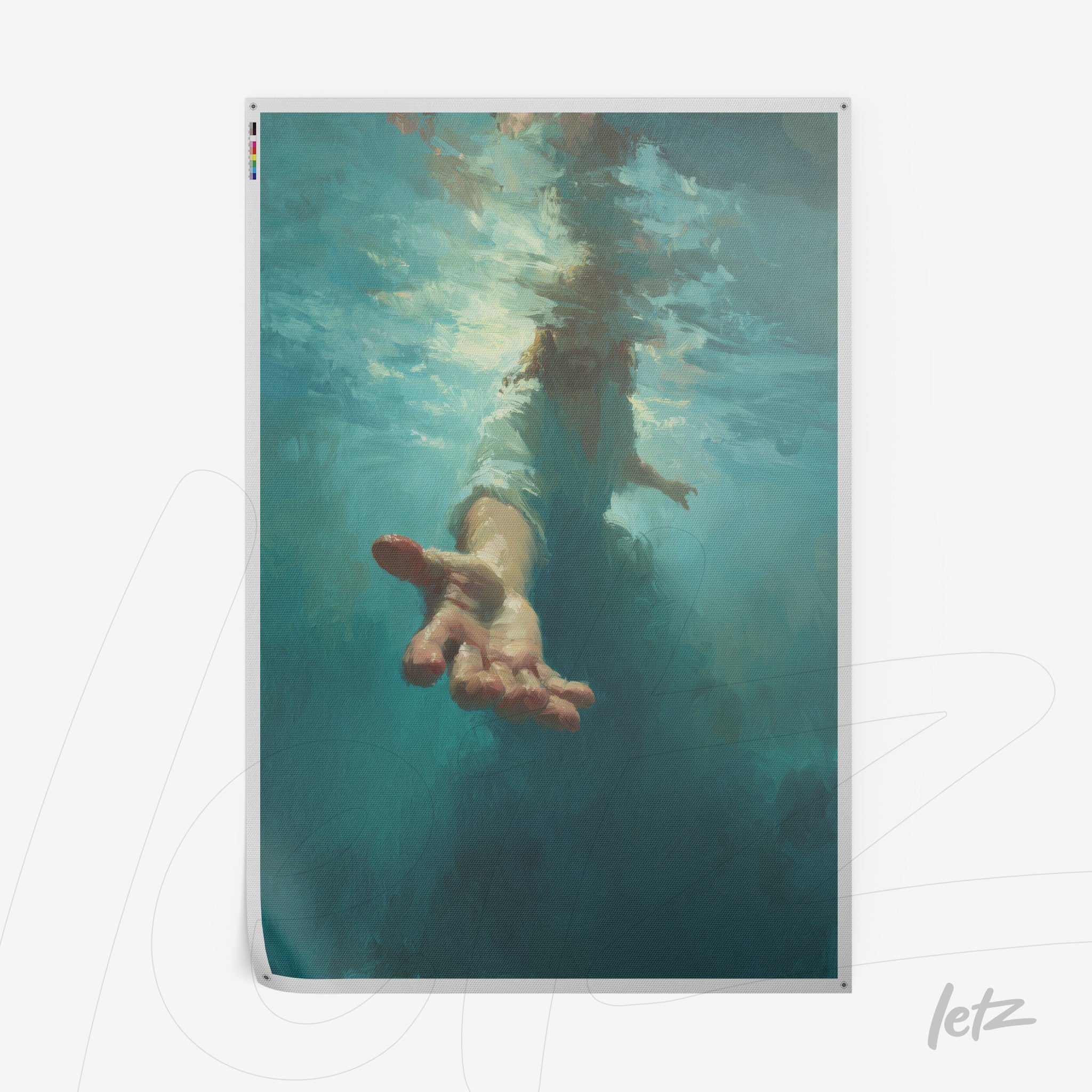 artistic canvas print of a submerged human figure reaching out from deep blue water