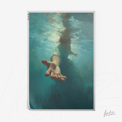 artistic canvas print of a submerged human figure reaching out from deep blue water
