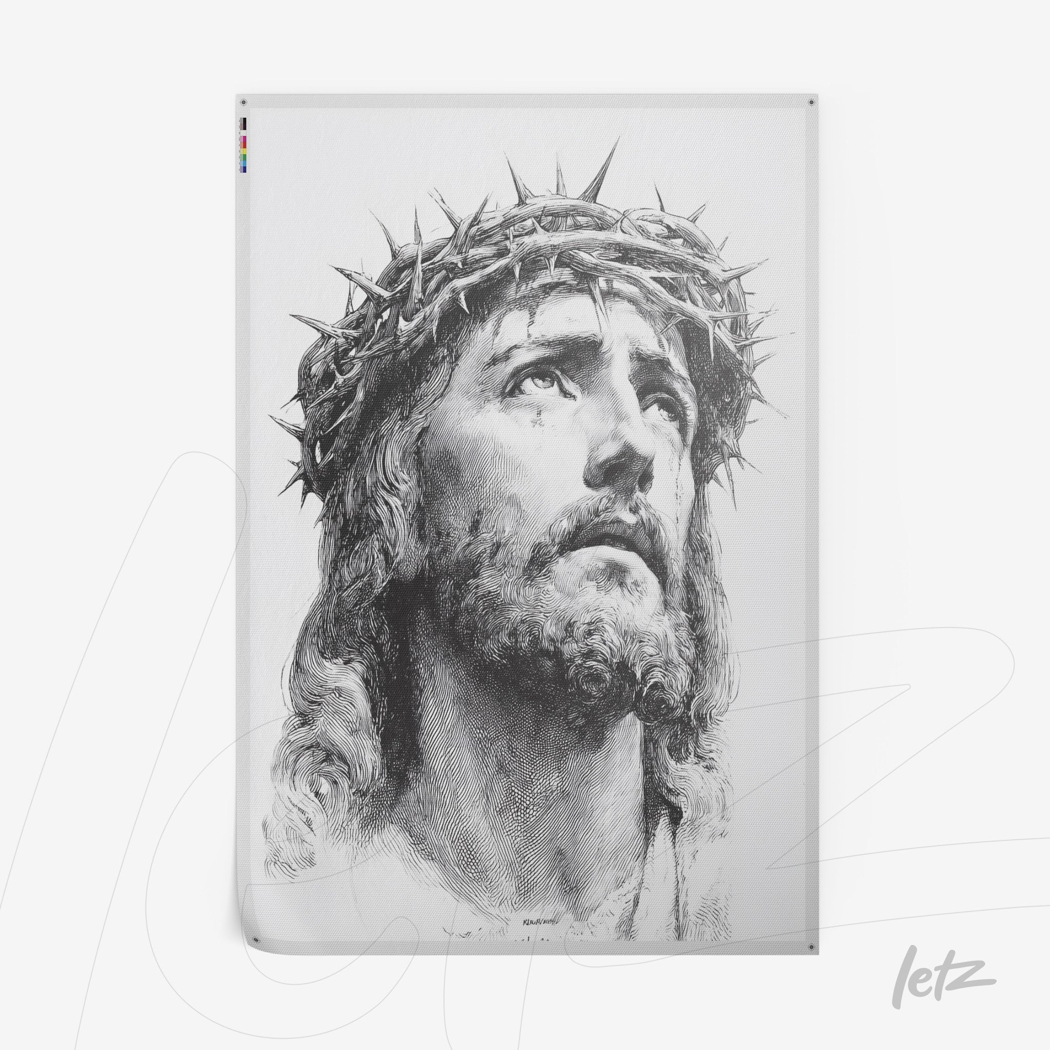 classic style framed artwork of Jesus Christ with a crown of thorns in gray tones against a white background