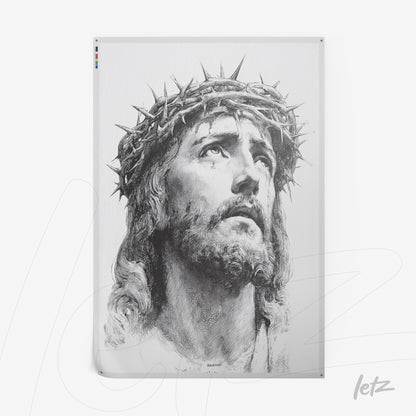 classic style framed artwork of Jesus Christ with a crown of thorns in gray tones against a white background