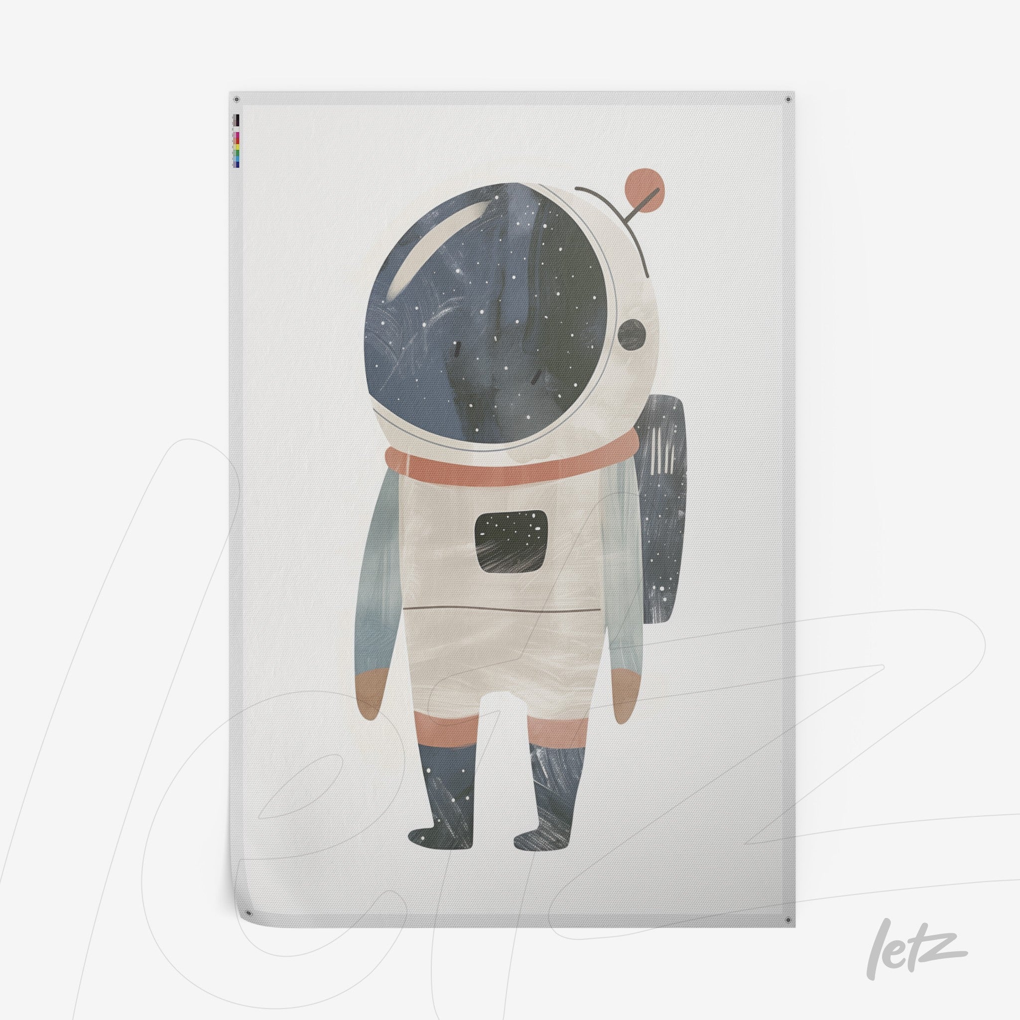 framed art with a stylized astronaut illustration in soft colors and space-themed details against a light background