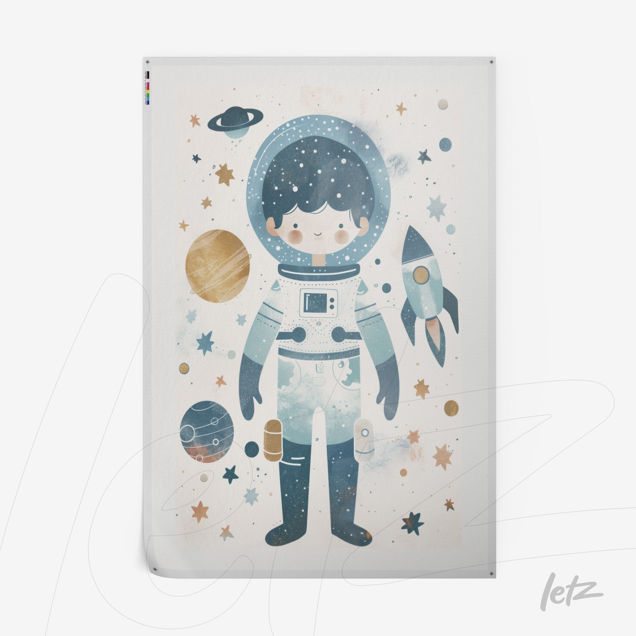 poster print featuring an astronaut in a space suit surrounded by planets and stars on a soft background