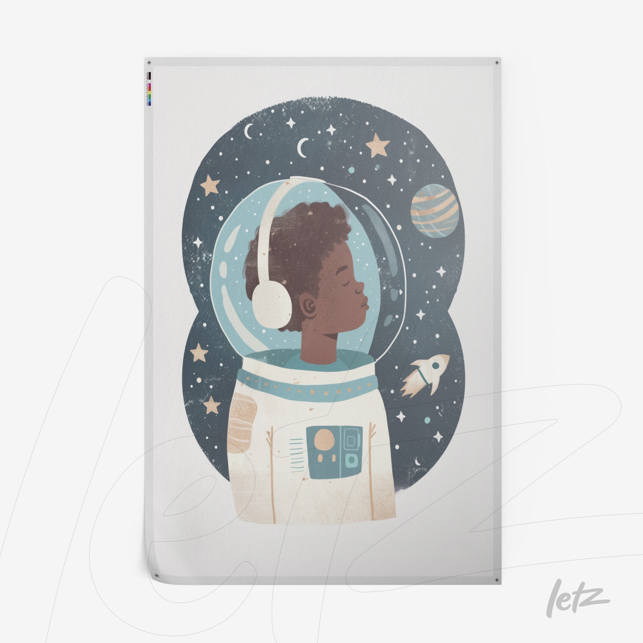 framed art of a young astronaut in space suit against a starry background with a planet and rocket