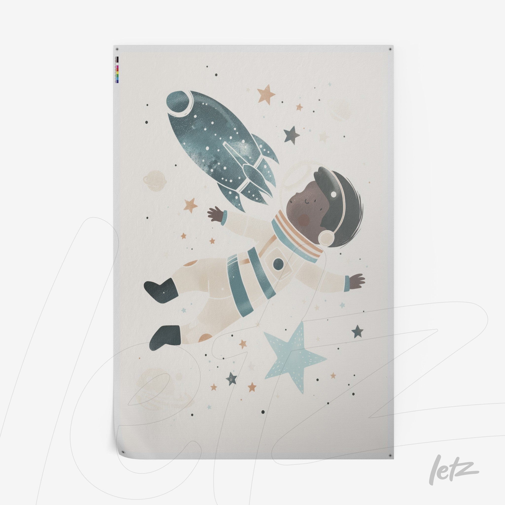 framed artwork of a black astronaut floating in space surrounded by stars and a rocket