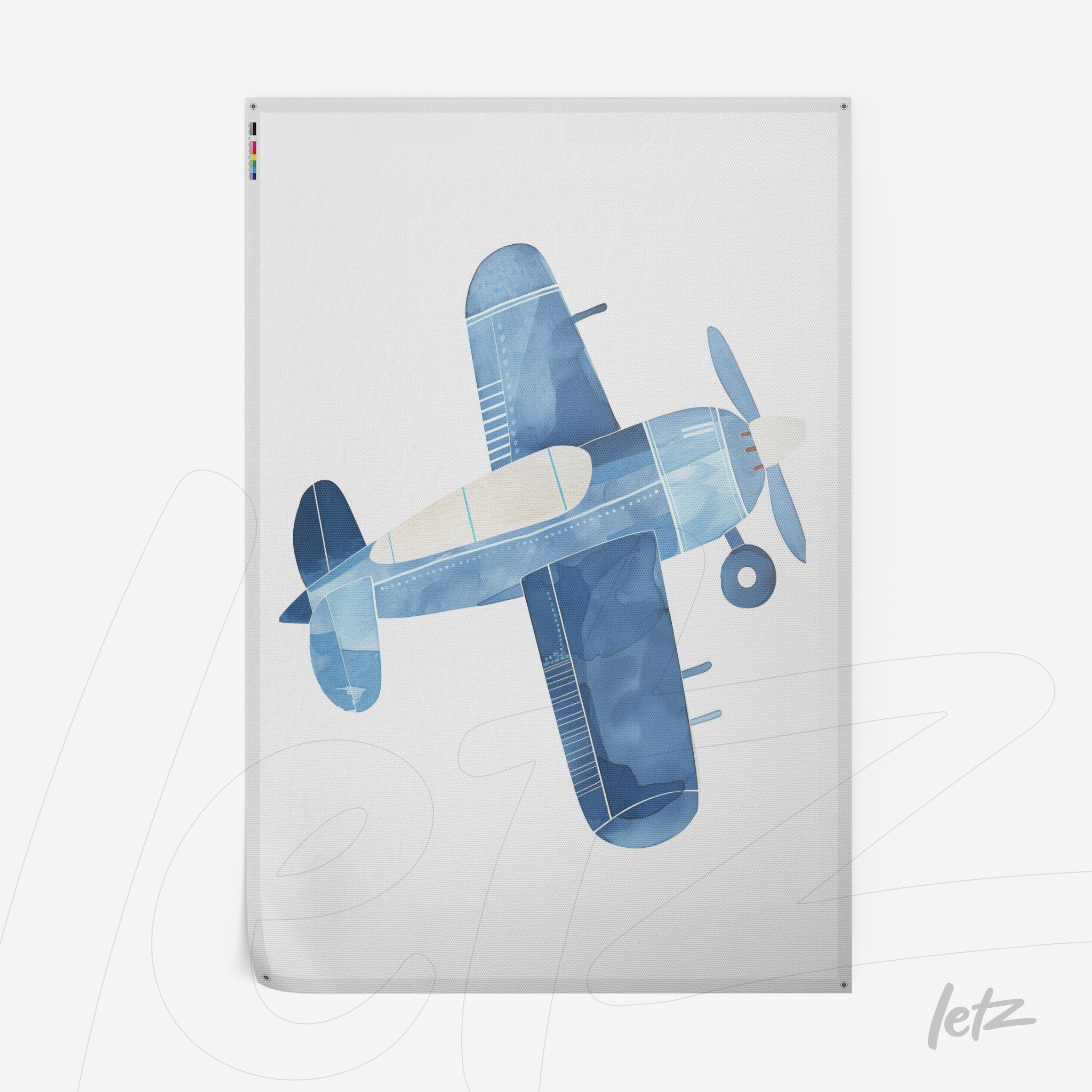 framed art featuring a stylized airplane in shades of blue against a white background