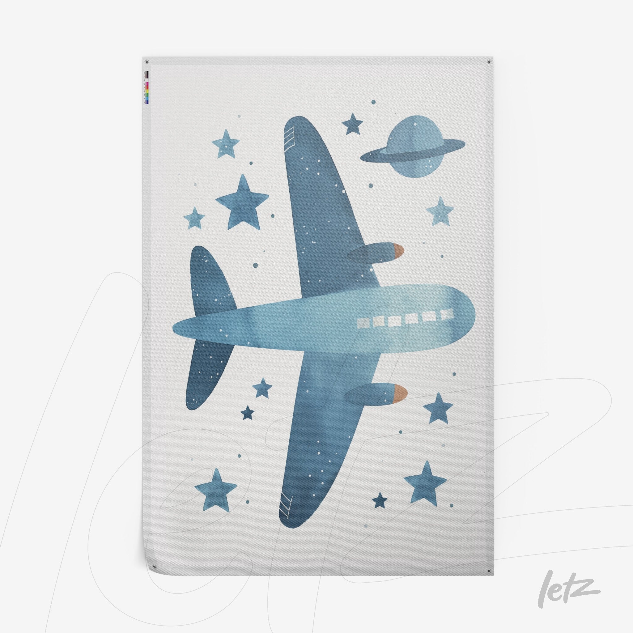 watercolor illustration of a blue airplane flying through a starry sky with planets