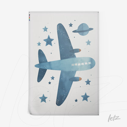 watercolor illustration of a blue airplane flying through a starry sky with planets