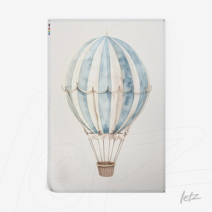 framed wall art featuring a hot air balloon illustration in blue and white tones against a light background