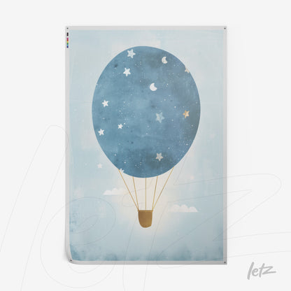 canvas print of a blue hot air balloon against a soft background with stars and clouds