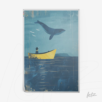 digital artwork featuring a person in a yellow boat with a whale jumping over blue sea