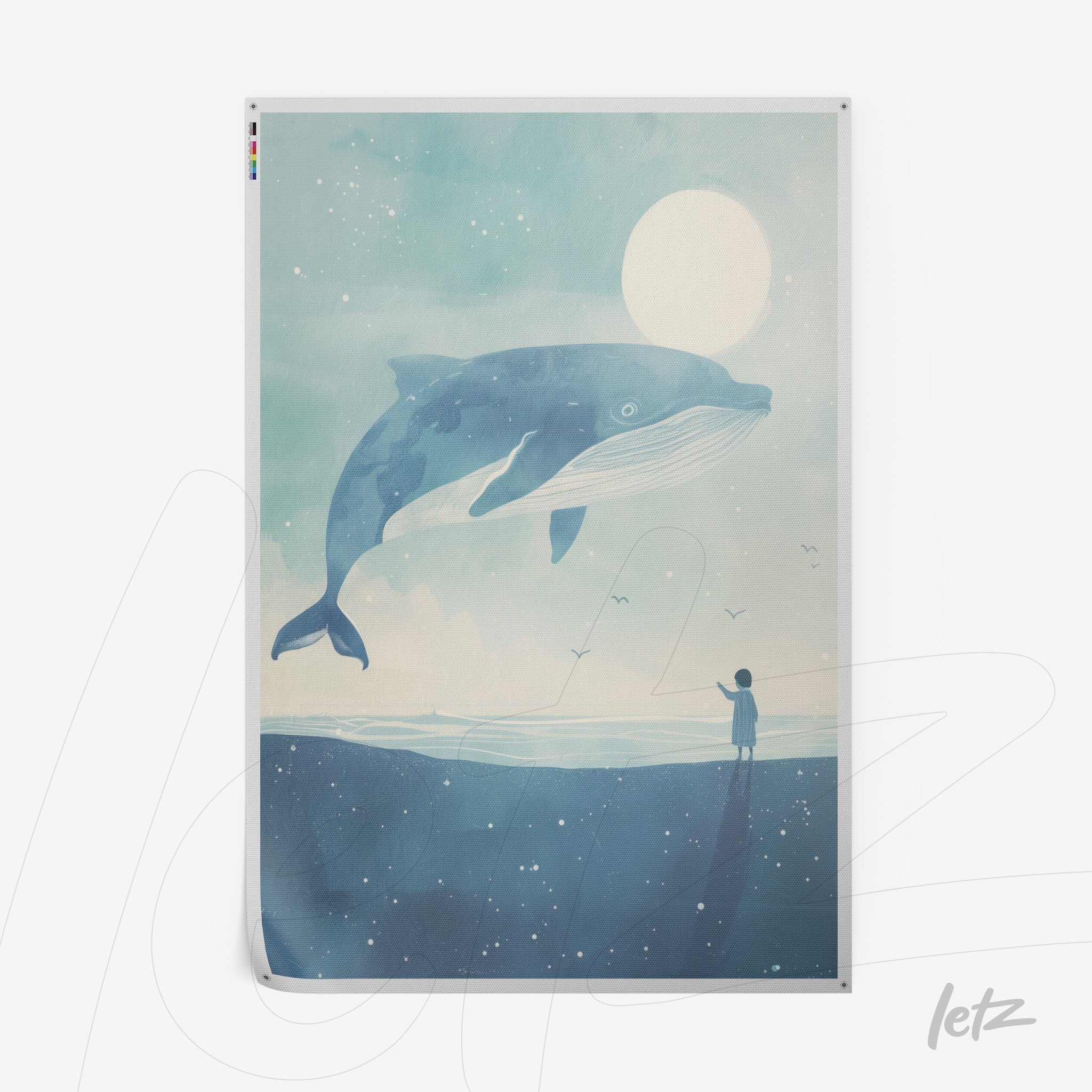whale illustration featuring a giant blue whale soaring over a serene ocean scene with a human figure by the shore under moonlight