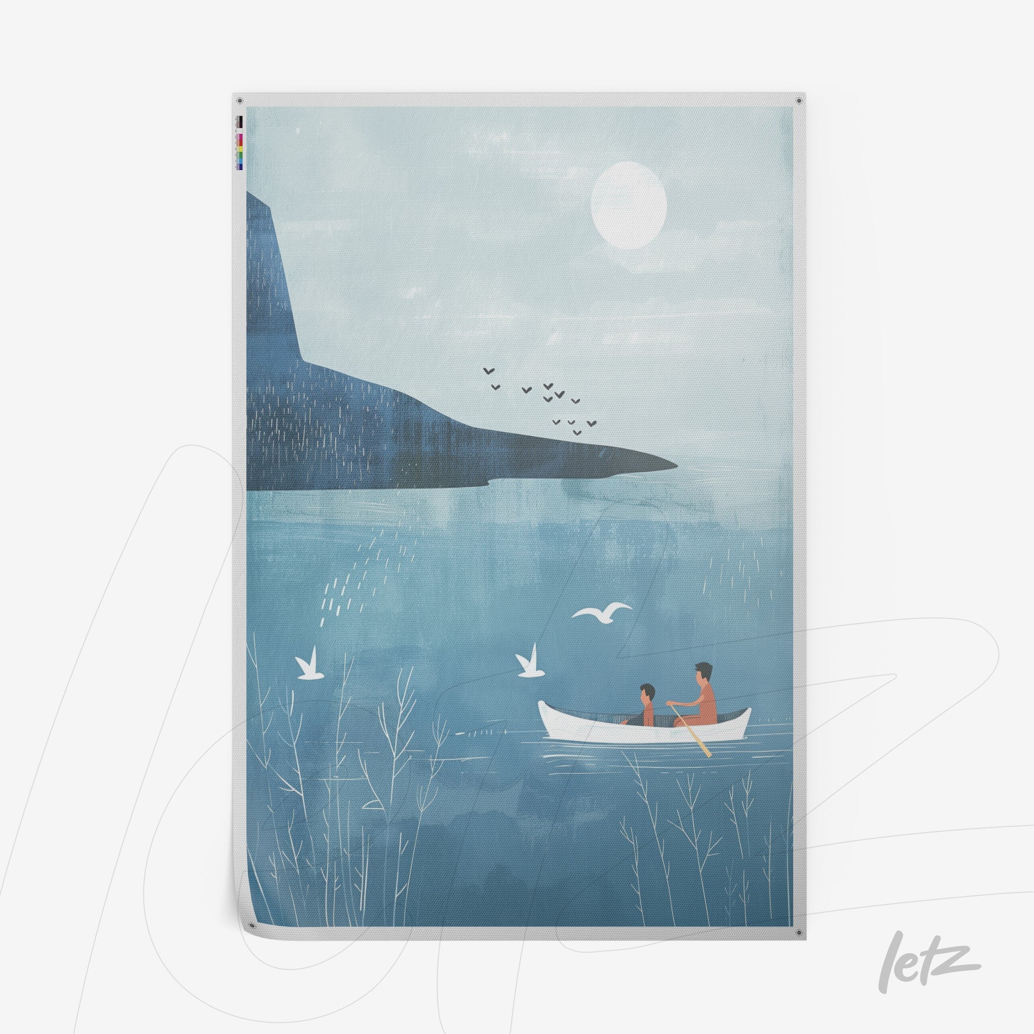 artwork featuring a couple in a boat on calm waters, set against a landscape of mountains and a light blue sky