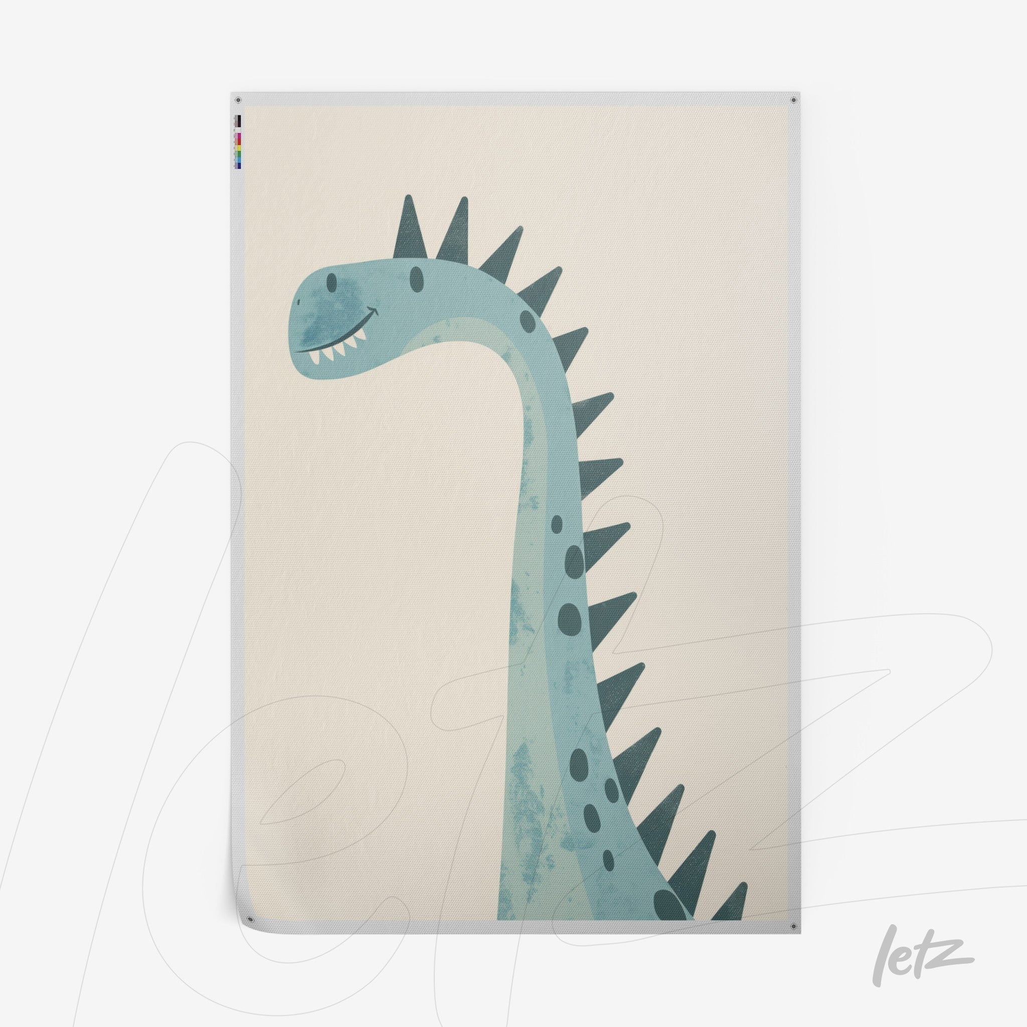 art print featuring a cute long-necked dinosaur illustration in a child-friendly style with a soft light background