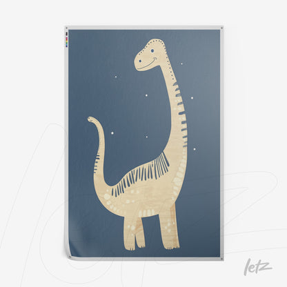 poster print featuring a yellow dinosaur illustration on a dark blue background