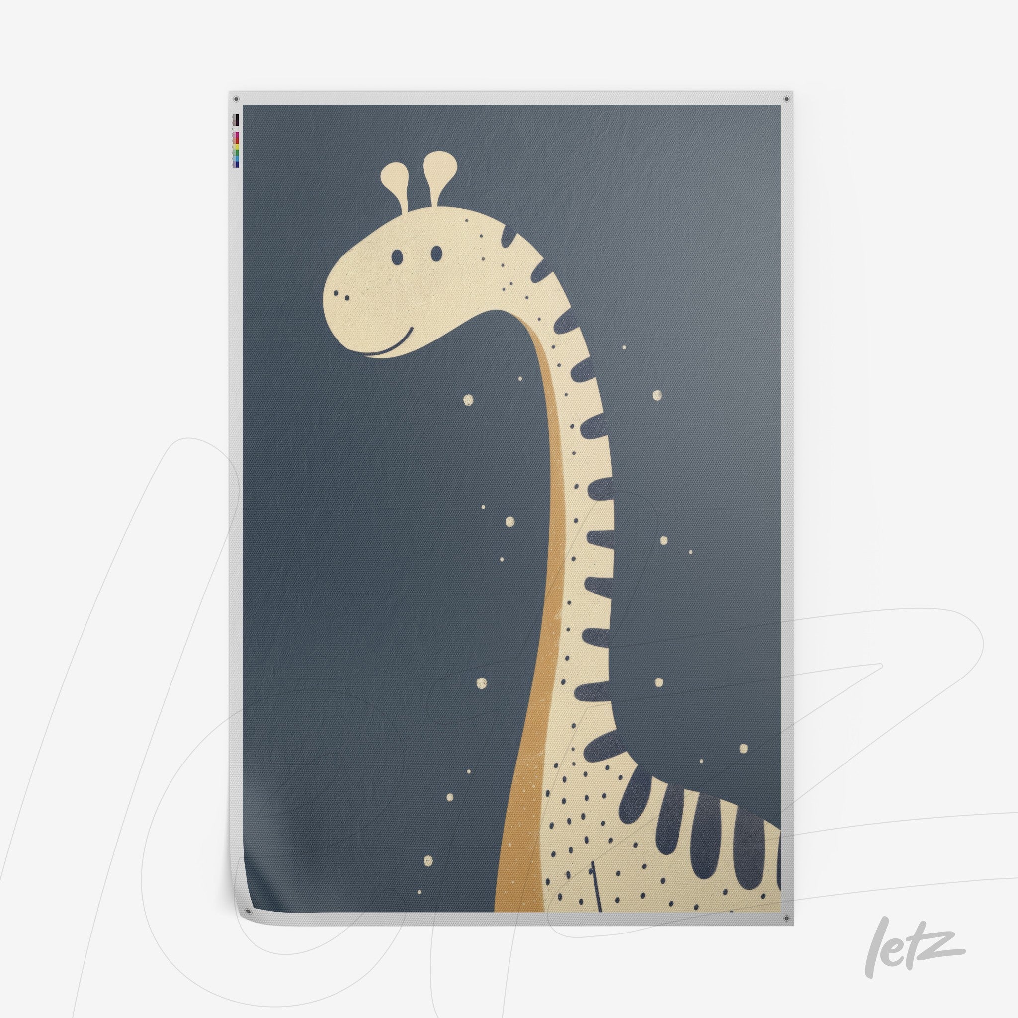 framed wall art featuring a giraffe illustration on a dark blue textured background